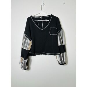 POL Black Cropped Cowl Sweater with Striped Patchwork Sleeves